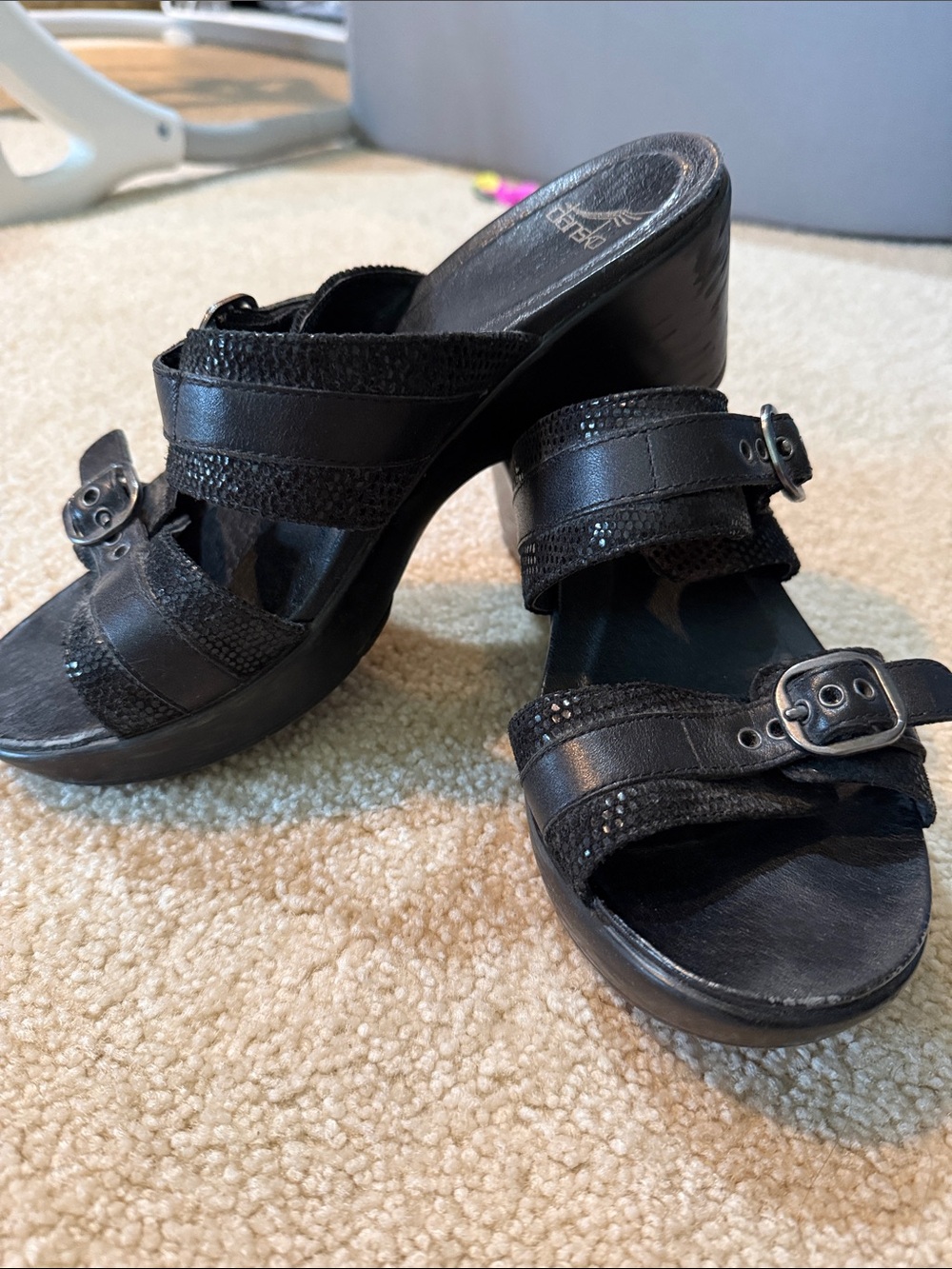 Dansko Black Leather Wedge Slide Mules with Buckles